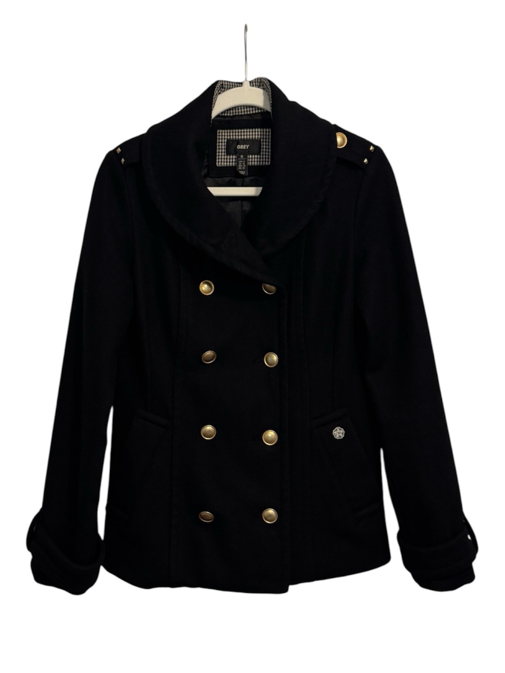 OBEY Women's Double Breasted Peacoat Black Wool Blend Gold Women's Size Small S